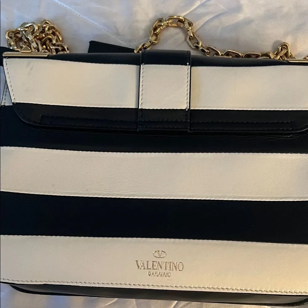 Valentino Garavani Napa Striped B-Rockstud Shoulder Bag with Gold Chain Strap